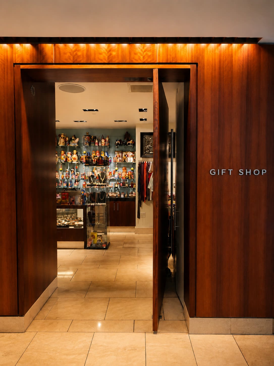 The walnut Gift Shop doorway glowing inside the InterContinental San Francisco lobby